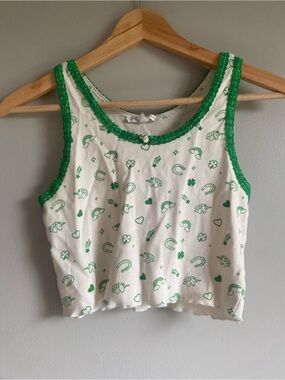 Peace Love World White Cropped Tank with Green Trim and Clover Print